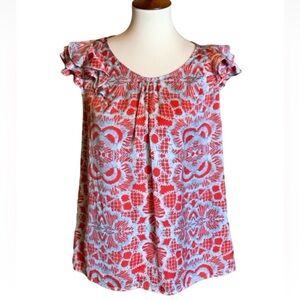 Cynthia Rowley print blouse with cap ruffle sleeves Size Large